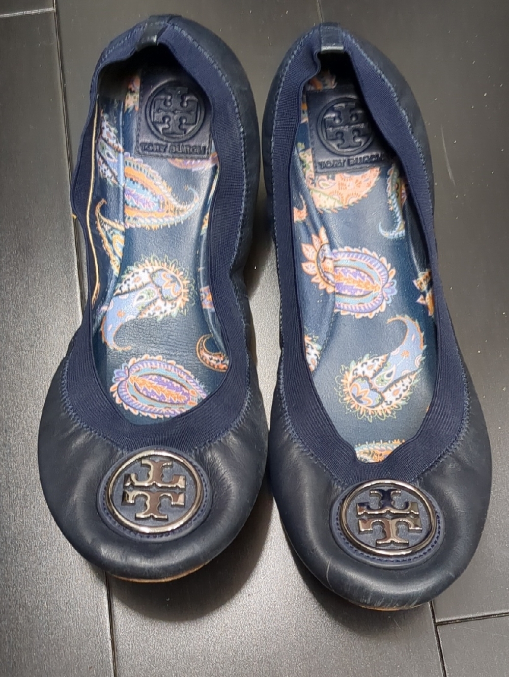 Tory Burch Navy Leather Logo Ballet Flats with Paisley Insole